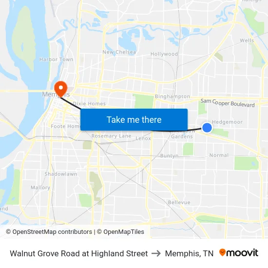 Walnut Grove Road at Highland Street to Memphis, TN map