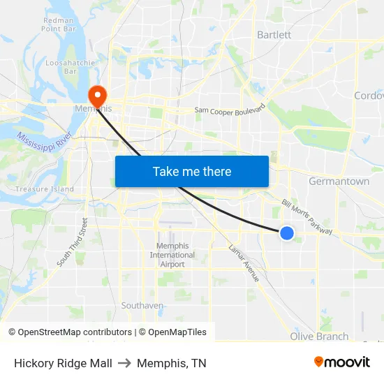 Hickory Ridge Mall to Memphis, TN map