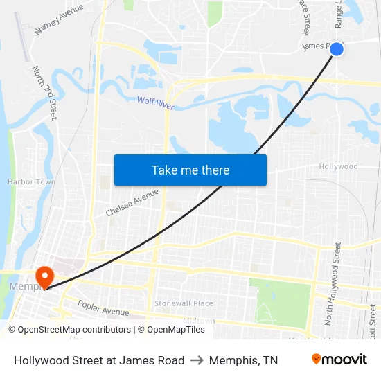 Hollywood Street at James Road to Memphis, TN map