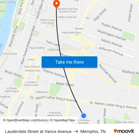 Lauderdale Street at Vance Avenue to Memphis, TN map