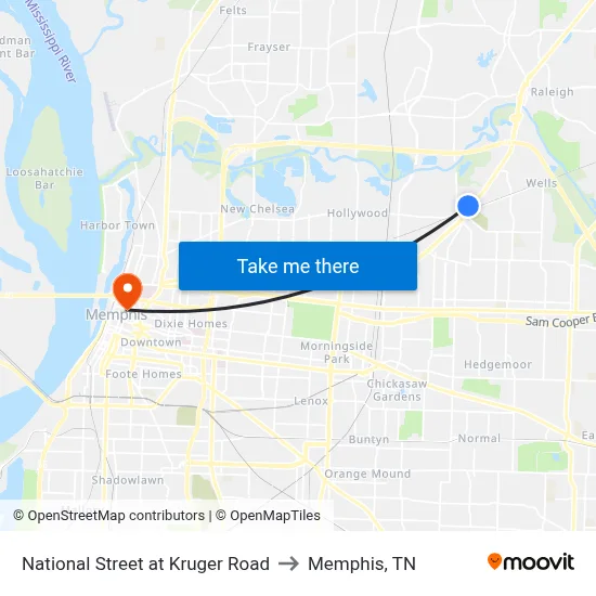 National Street at Kruger Road to Memphis, TN map