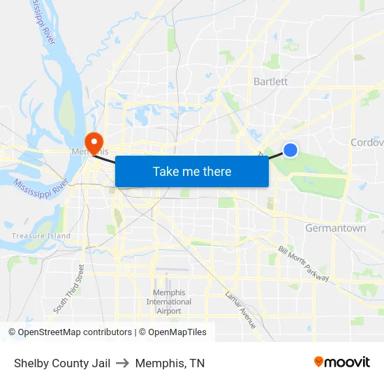 Shelby County Jail to Memphis, TN map