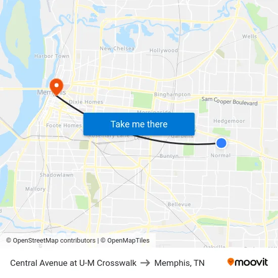 Central Avenue at U-M Crosswalk to Memphis, TN map
