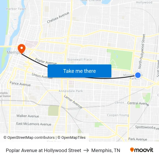 Poplar Avenue at Hollywood Street to Memphis, TN map