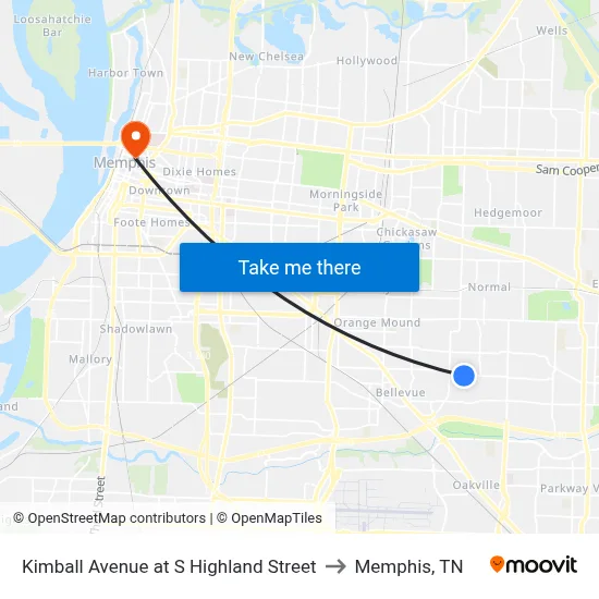 Kimball Avenue at S Highland Street to Memphis, TN map