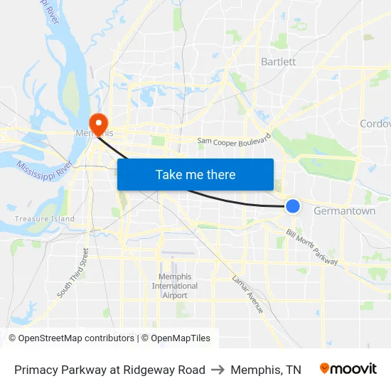 Primacy Parkway at Ridgeway Road to Memphis, TN map