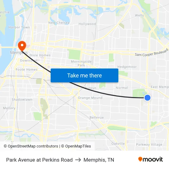 Park Avenue at Perkins Road to Memphis, TN map
