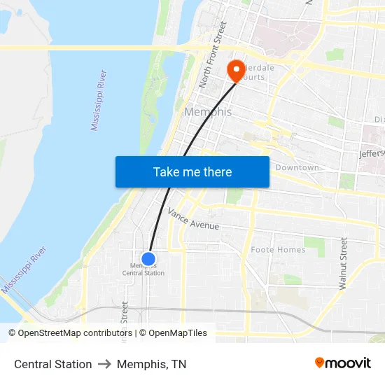Central Station to Memphis, TN map