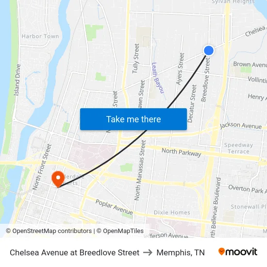 Chelsea Avenue at Breedlove Street to Memphis, TN map