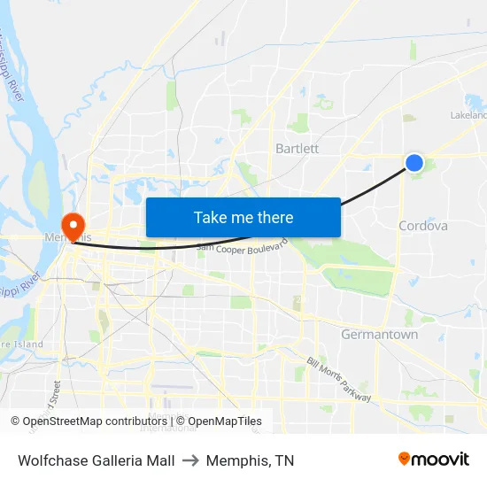 Wolfchase Galleria Mall to Memphis, TN map