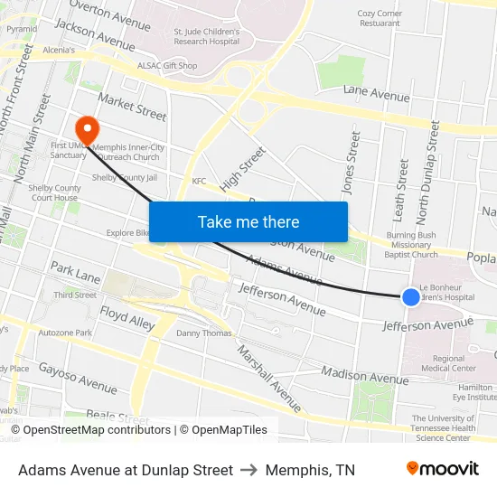 Adams Avenue at Dunlap Street to Memphis, TN map