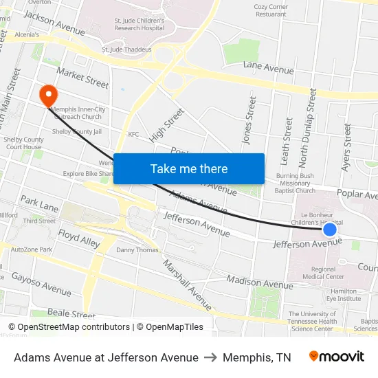 Adams Avenue at Jefferson Avenue to Memphis, TN map