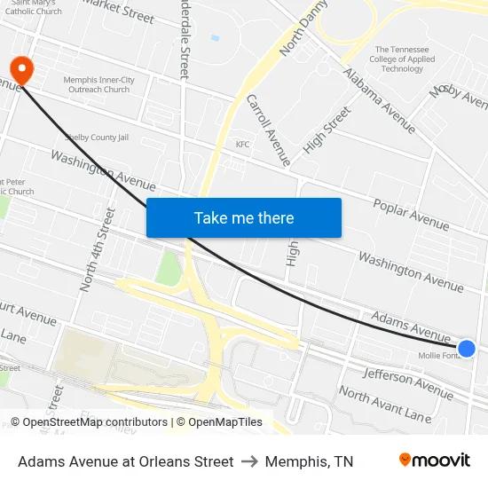 Adams Avenue at Orleans Street to Memphis, TN map