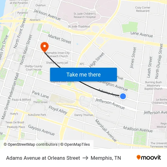 Adams Avenue at Orleans Street to Memphis, TN map