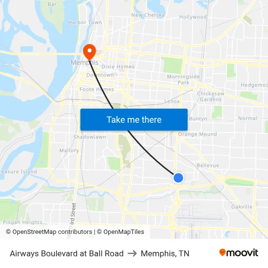 Airways Boulevard at Ball Road to Memphis, TN map