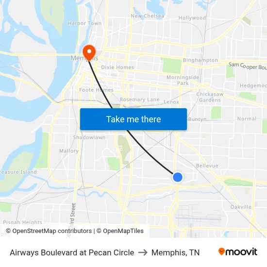 Airways Boulevard at Pecan Circle to Memphis, TN map