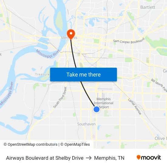 Airways Boulevard at Shelby Drive to Memphis, TN map