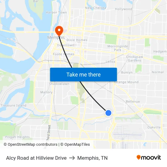 Alcy Road at Hillview Drive to Memphis, TN map
