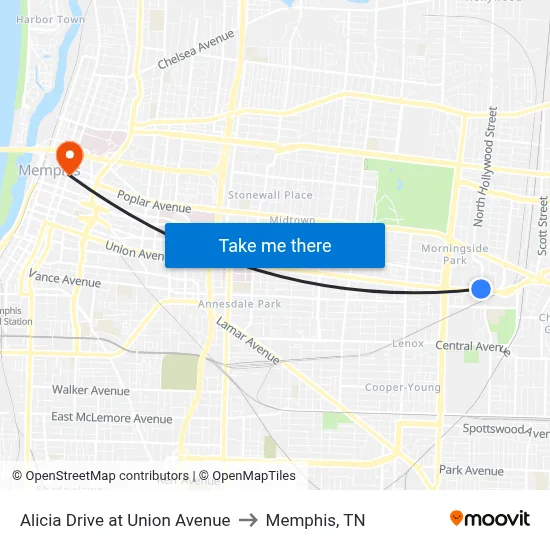 Alicia Drive at Union Avenue to Memphis, TN map