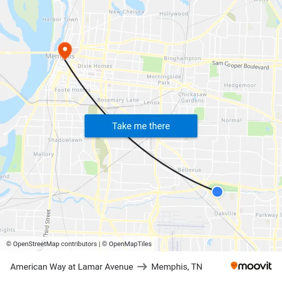 American Way at Lamar Avenue to Memphis, TN map