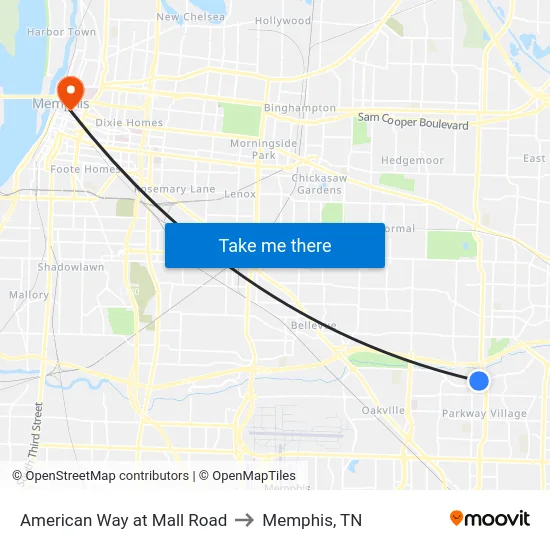 American Way at Mall Road to Memphis, TN map