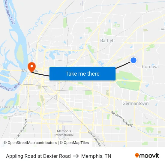 Appling Road at Dexter Road to Memphis, TN map