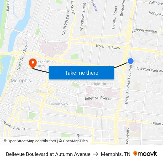 Bellevue Boulevard at Autumn Avenue to Memphis, TN map