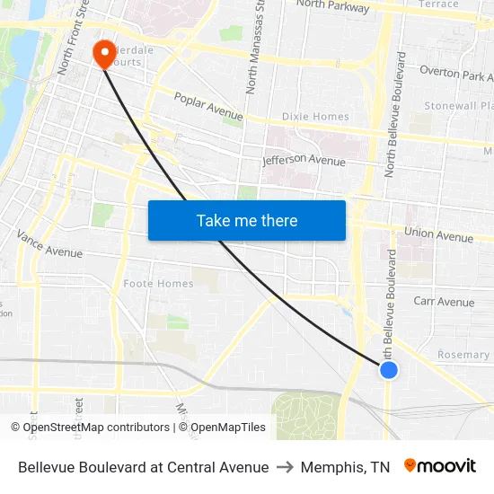 Bellevue Boulevard at Central Avenue to Memphis, TN map