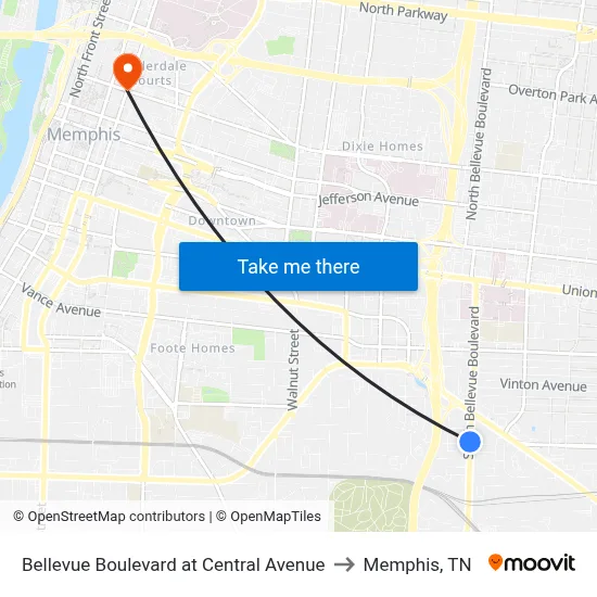Bellevue Boulevard at Central Avenue to Memphis, TN map