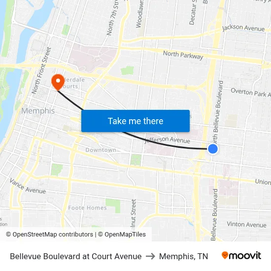 Bellevue Boulevard at Court Avenue to Memphis, TN map