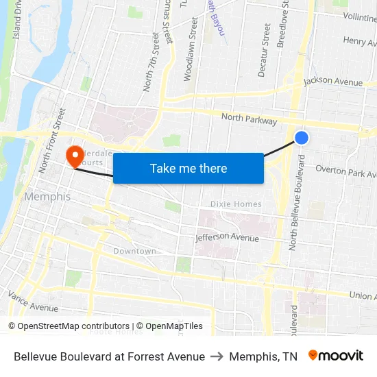Bellevue Boulevard at Forrest Avenue to Memphis, TN map