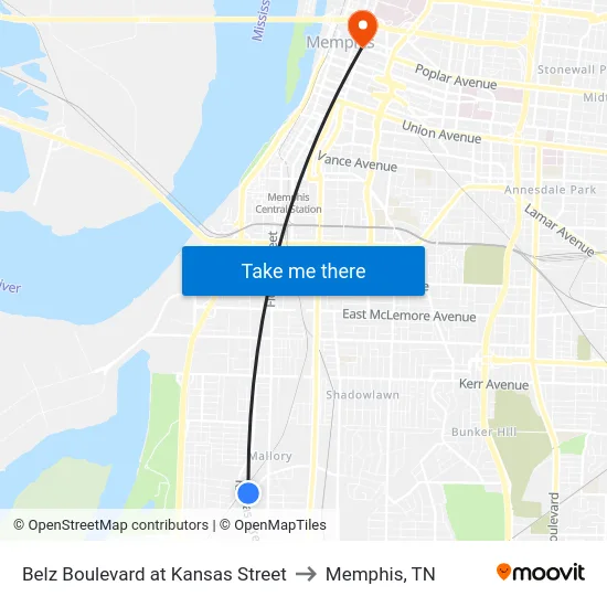 Belz Boulevard at Kansas Street to Memphis, TN map