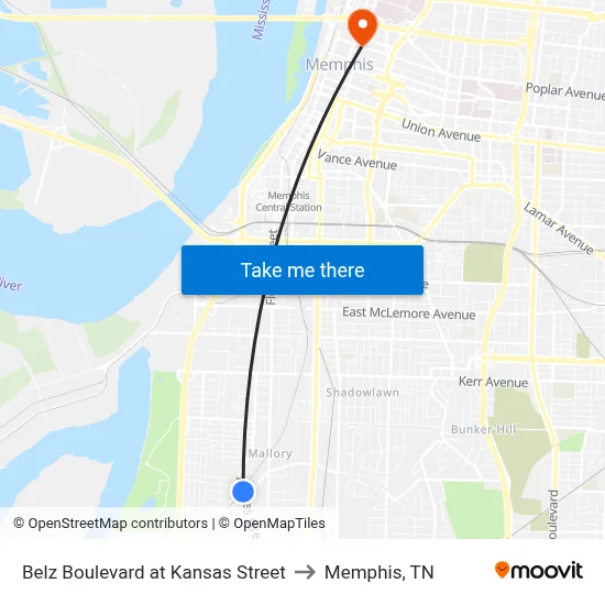 Belz Boulevard at Kansas Street to Memphis, TN map