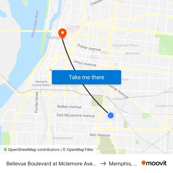 Bellevue Boulevard at Mclemore Avenue to Memphis, TN map