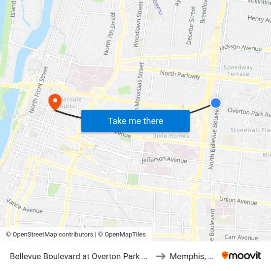 Bellevue Boulevard at Overton Park Ave to Memphis, TN map