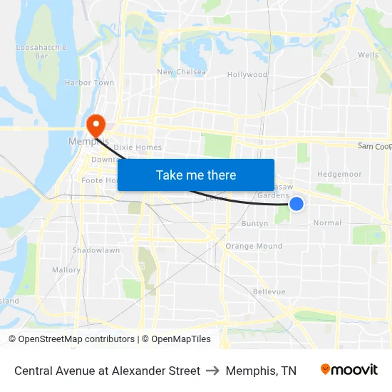 Central Avenue at Alexander Street to Memphis, TN map