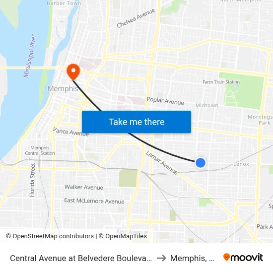 Central Avenue at Belvedere Boulevard to Memphis, TN map