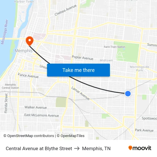 Central Avenue at Blythe Street to Memphis, TN map