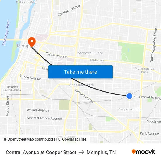 Central Avenue at Cooper Street to Memphis, TN map