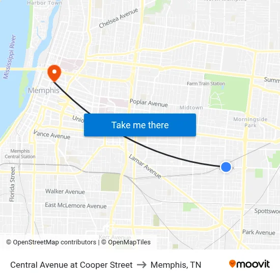 Central Avenue at Cooper Street to Memphis, TN map