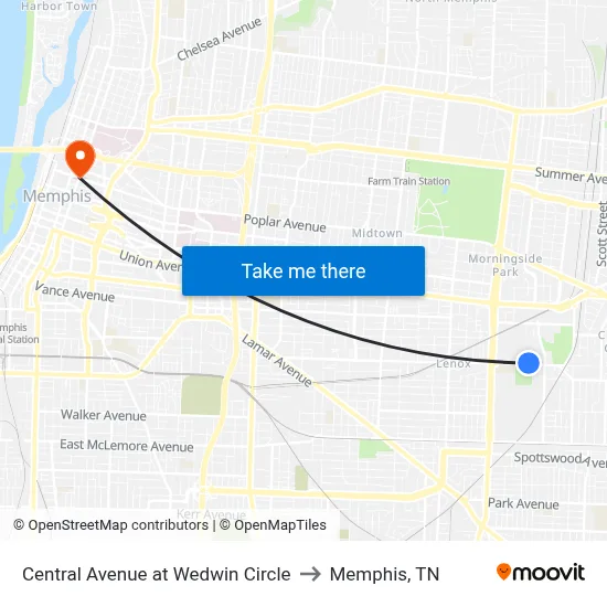 Central Avenue at Wedwin Circle to Memphis, TN map