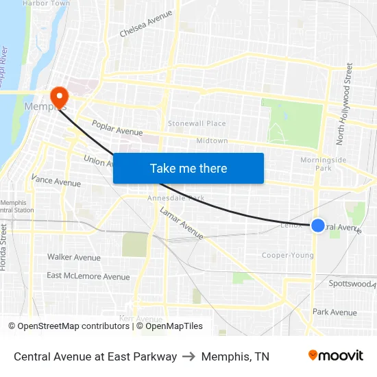 Central Avenue at East Parkway to Memphis, TN map