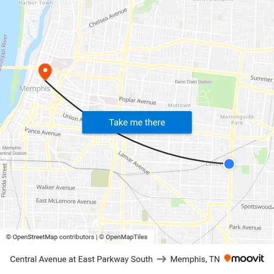Central Avenue at East Parkway South to Memphis, TN map