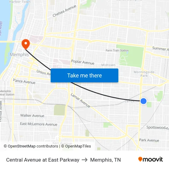 Central Avenue at East Parkway to Memphis, TN map