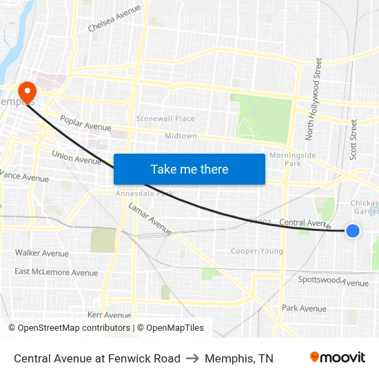 Central Avenue at Fenwick Road to Memphis, TN map