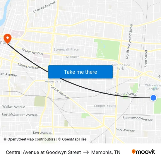 Central Avenue at Goodwyn Street to Memphis, TN map