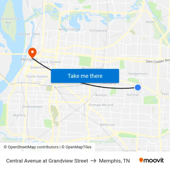 Central Avenue at Grandview Street to Memphis, TN map