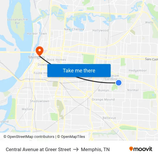 Central Avenue at Greer Street to Memphis, TN map