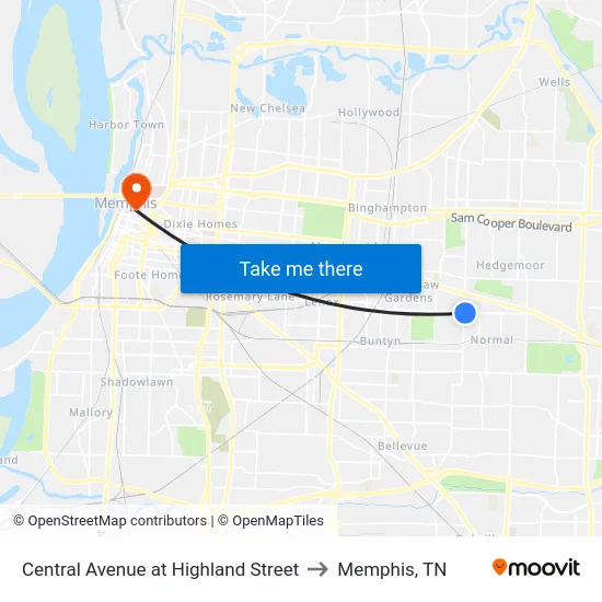 Central Avenue at Highland Street to Memphis, TN map