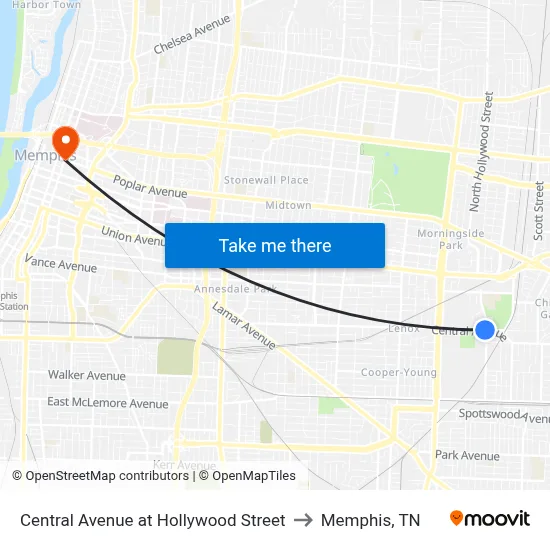 Central Avenue at Hollywood Street to Memphis, TN map